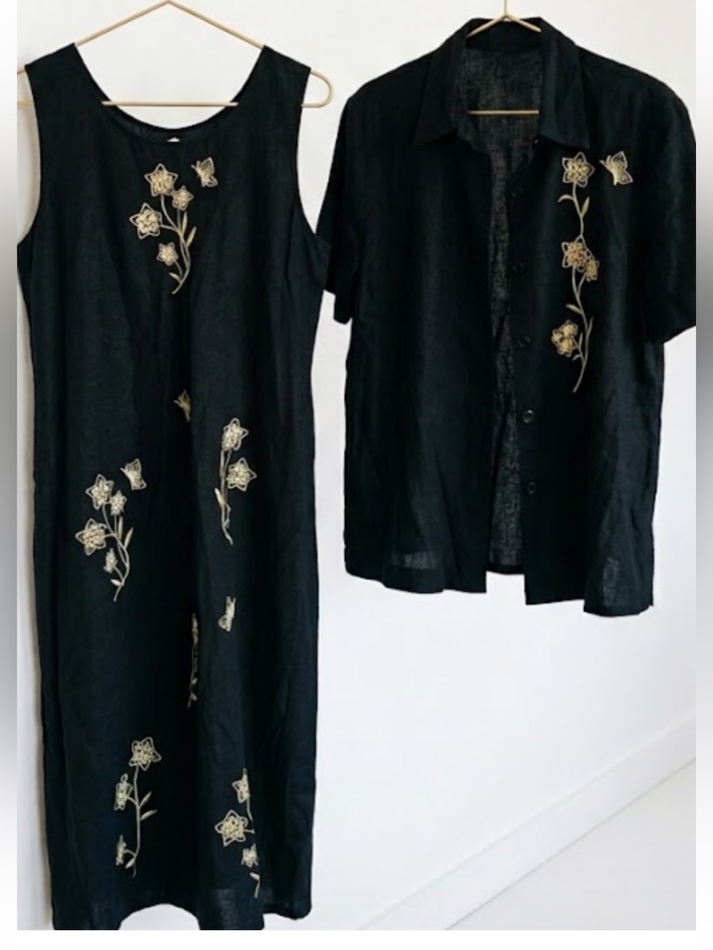 VTG Linen Blend 2-Piece Black Dress & Matching Shirt XL Embroidered Flower